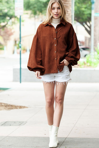 Coffee Corduroy Button Up Lantern Sleeve Jacket - Vesteeto