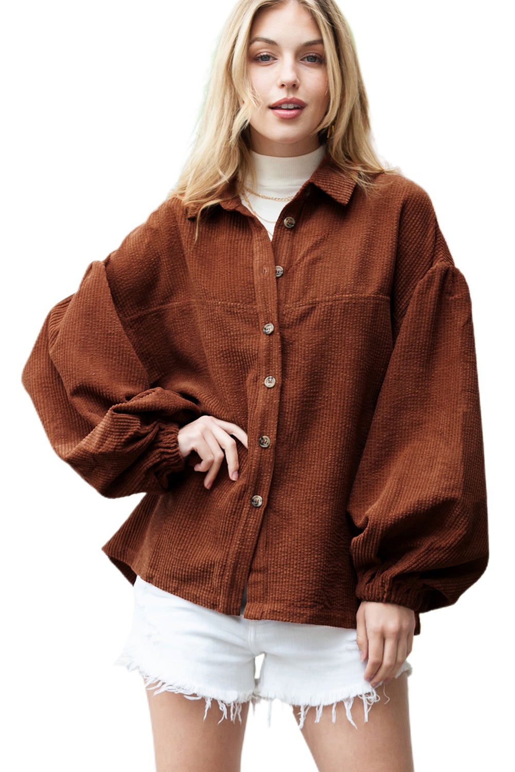 Coffee Corduroy Button Up Lantern Sleeve Jacket - Vesteeto