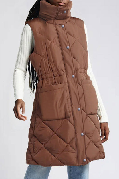 Coffee Puffer Quilted Stand Collar Pocketed Vest Coat - Vesteeto