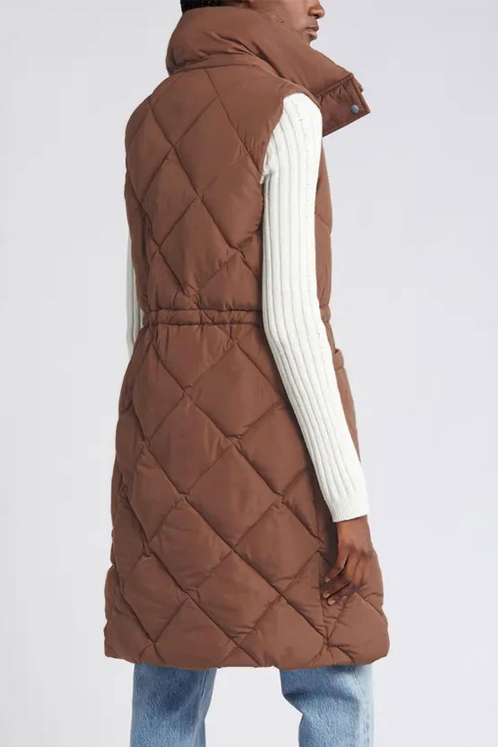 Coffee Puffer Quilted Stand Collar Pocketed Vest Coat - Vesteeto