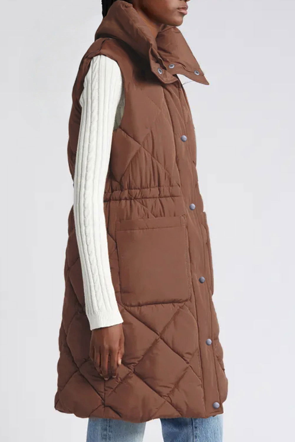 Coffee Puffer Quilted Stand Collar Pocketed Vest Coat - Vesteeto