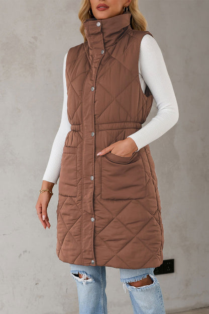 Coffee Puffer Quilted Stand Collar Pocketed Vest Coat - Vesteeto