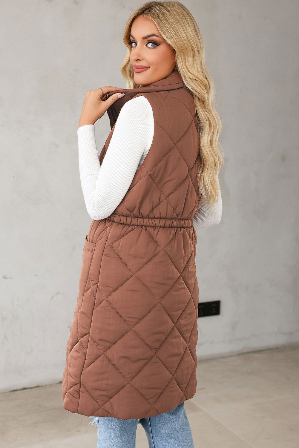 Coffee Puffer Quilted Stand Collar Pocketed Vest Coat - Vesteeto