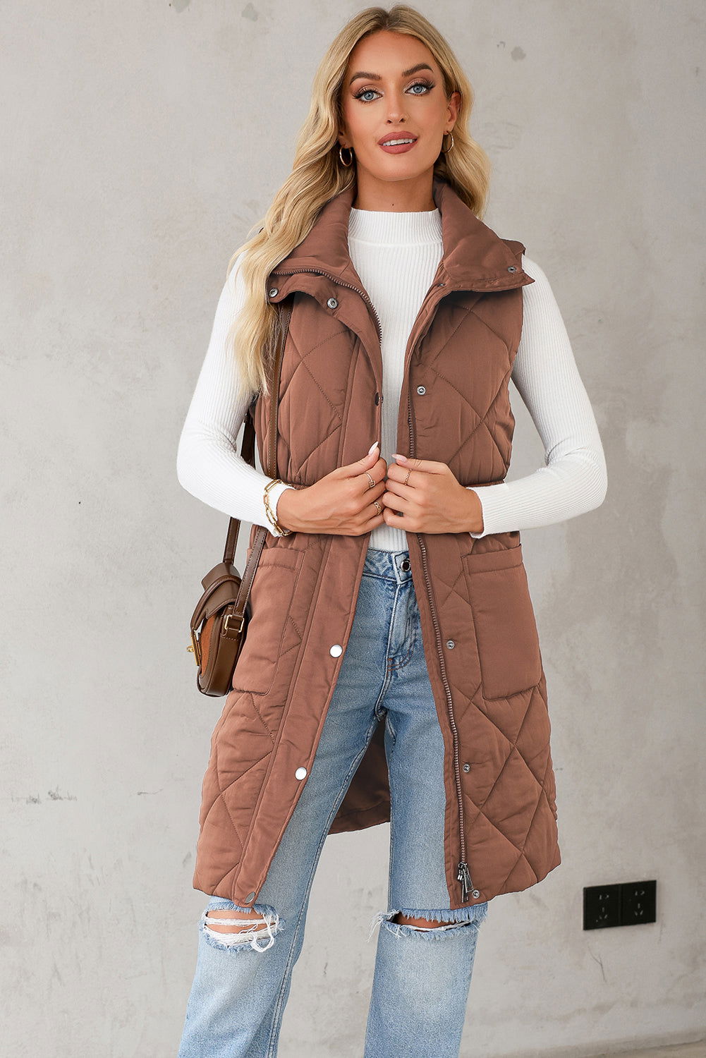 Coffee Puffer Quilted Stand Collar Pocketed Vest Coat - Vesteeto