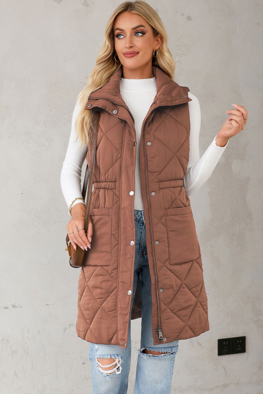 Coffee Puffer Quilted Stand Collar Pocketed Vest Coat - Vesteeto