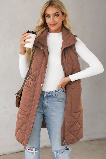 Coffee Puffer Quilted Stand Collar Pocketed Vest Coat - Vesteeto