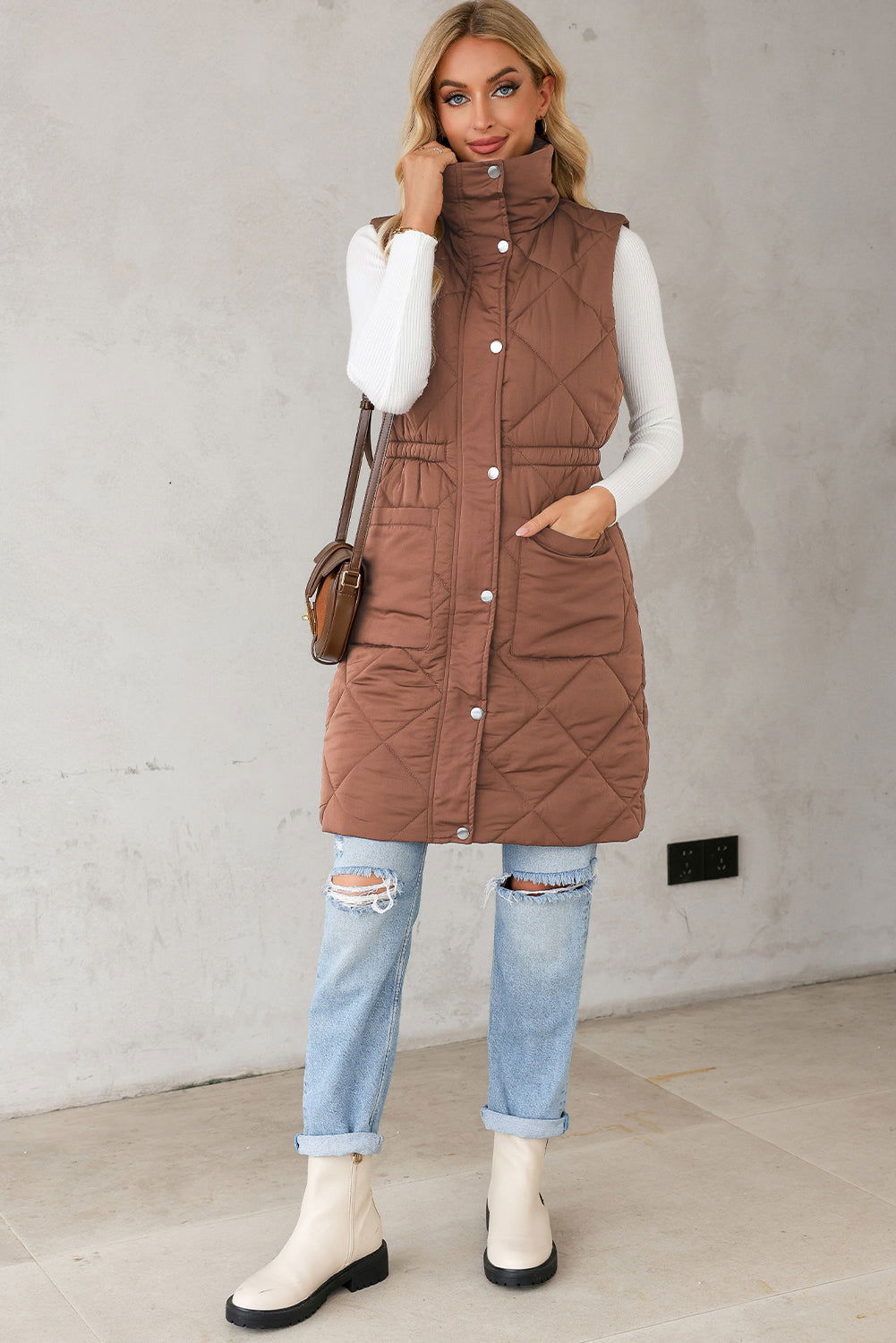 Coffee Puffer Quilted Stand Collar Pocketed Vest Coat - Vesteeto