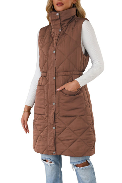 Coffee Puffer Quilted Stand Collar Pocketed Vest Coat - Vesteeto