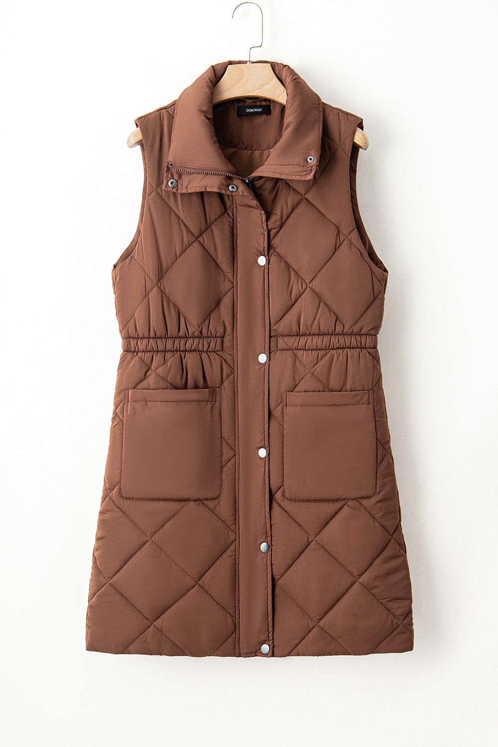 Coffee Puffer Quilted Stand Collar Pocketed Vest Coat - Vesteeto