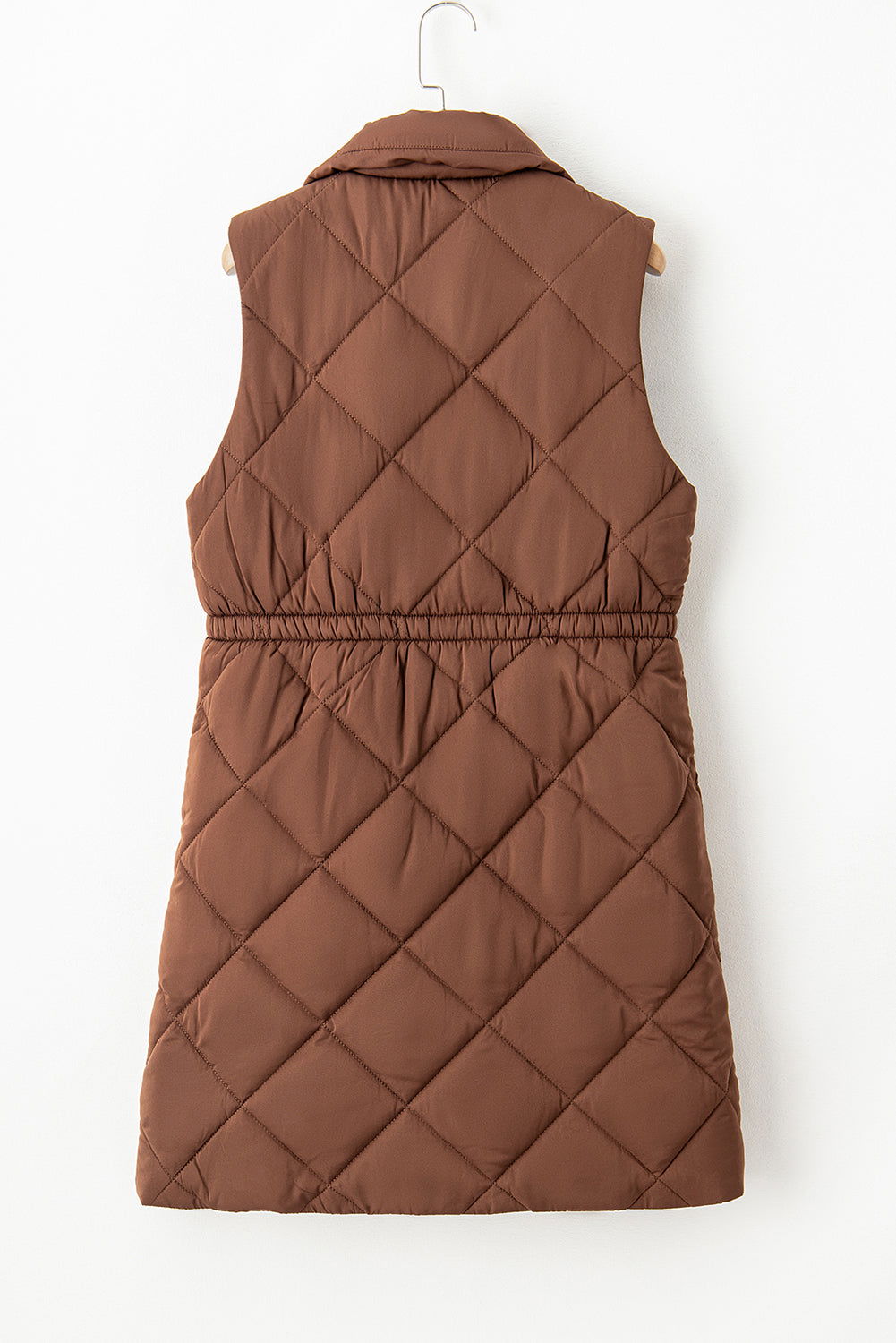 Coffee Puffer Quilted Stand Collar Pocketed Vest Coat - Vesteeto