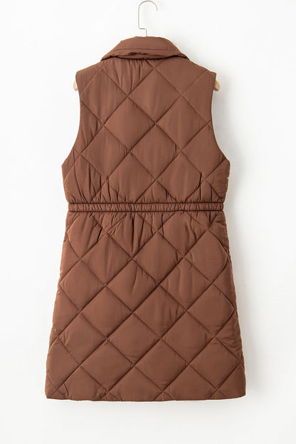 Coffee Puffer Quilted Stand Collar Pocketed Vest Coat - Vesteeto