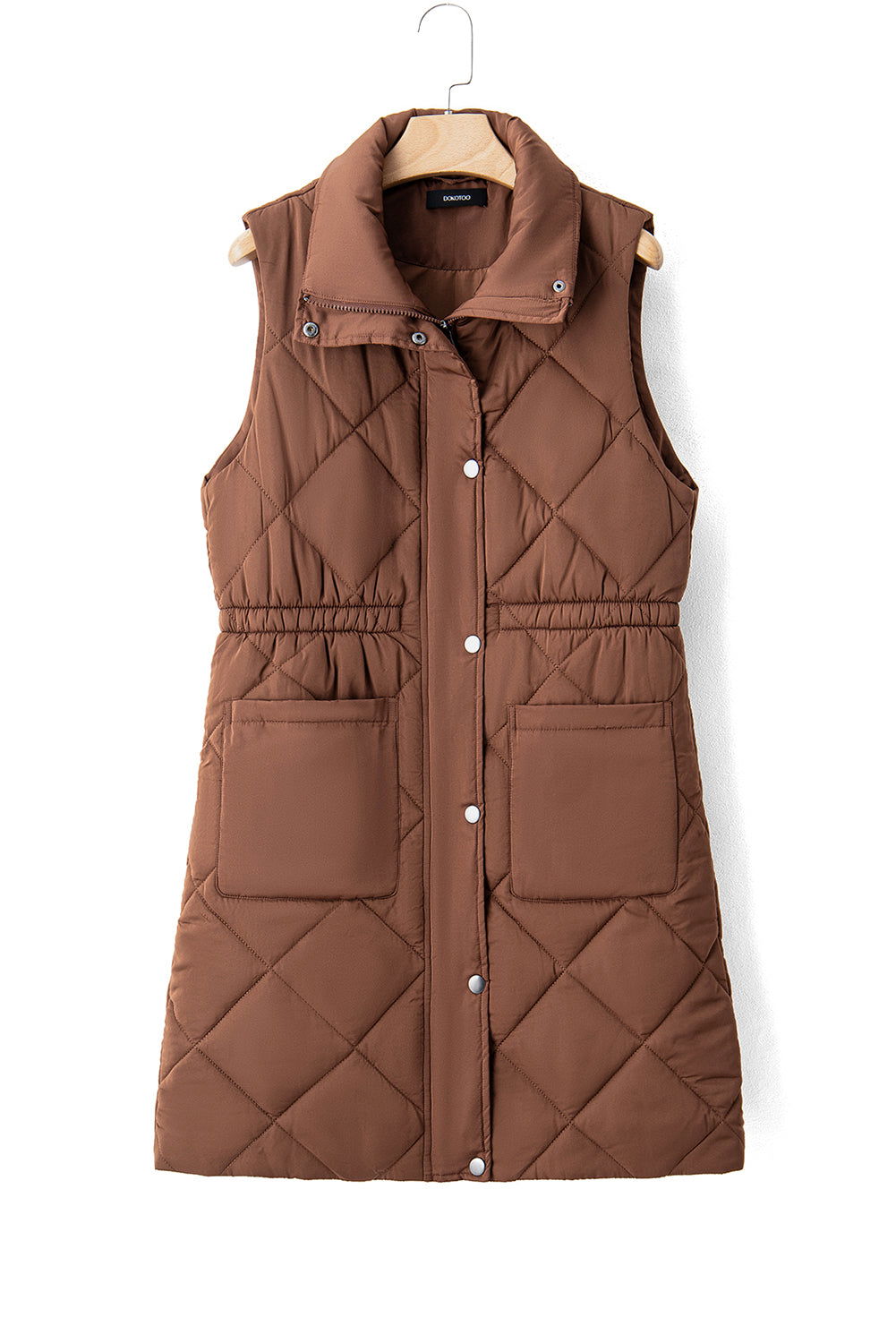 Coffee Puffer Quilted Stand Collar Pocketed Vest Coat - Vesteeto