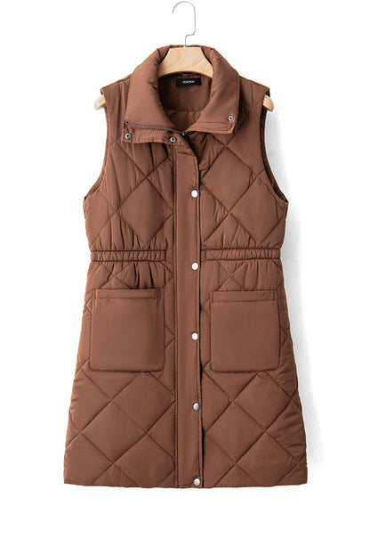 Coffee Puffer Quilted Stand Collar Pocketed Vest Coat - Vesteeto