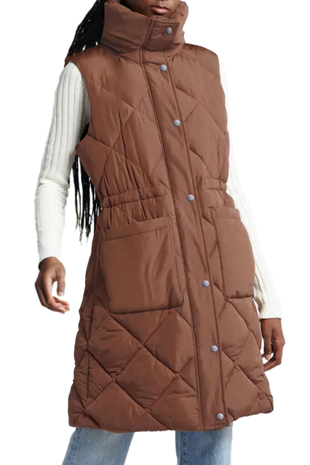 Coffee Puffer Quilted Stand Collar Pocketed Vest Coat - Vesteeto