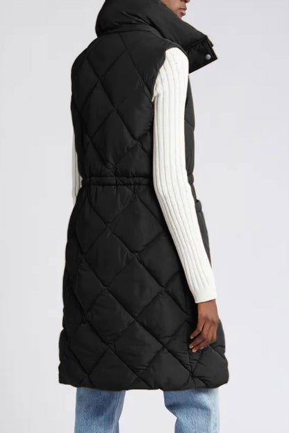 Coffee Puffer Quilted Stand Collar Pocketed Vest Coat - Vesteeto