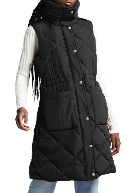 Coffee Puffer Quilted Stand Collar Pocketed Vest Coat - Vesteeto