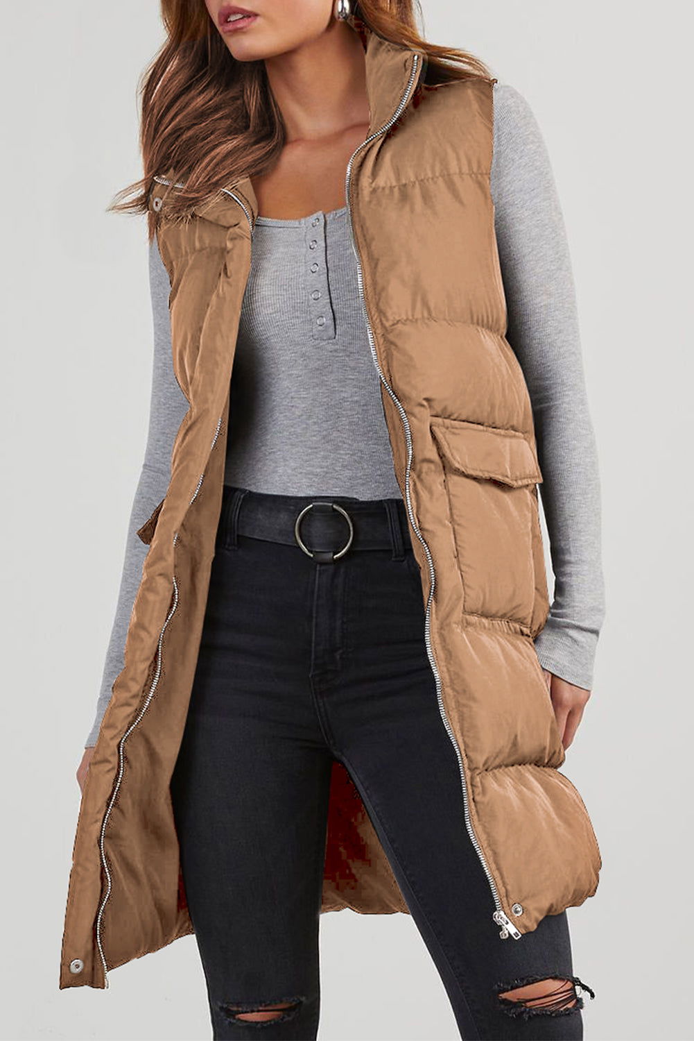 Coffee Quilted Pocketed Long Puffer Vest Coat - Vesteeto