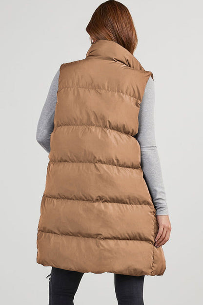 Coffee Quilted Pocketed Long Puffer Vest Coat - Vesteeto