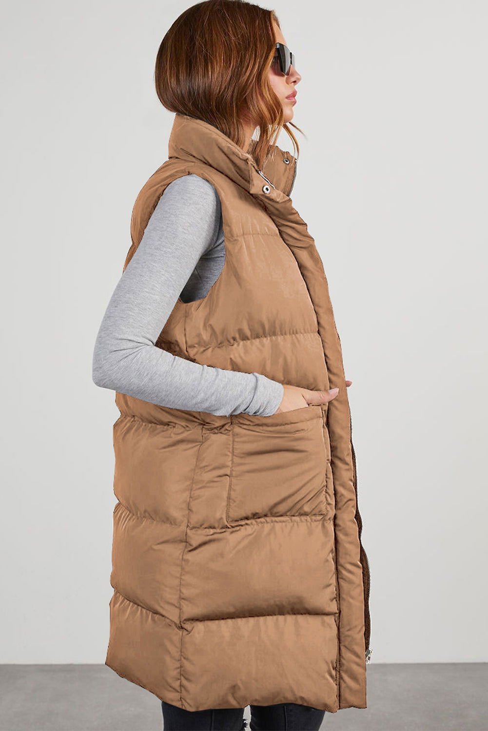 Coffee Quilted Pocketed Long Puffer Vest Coat - Vesteeto