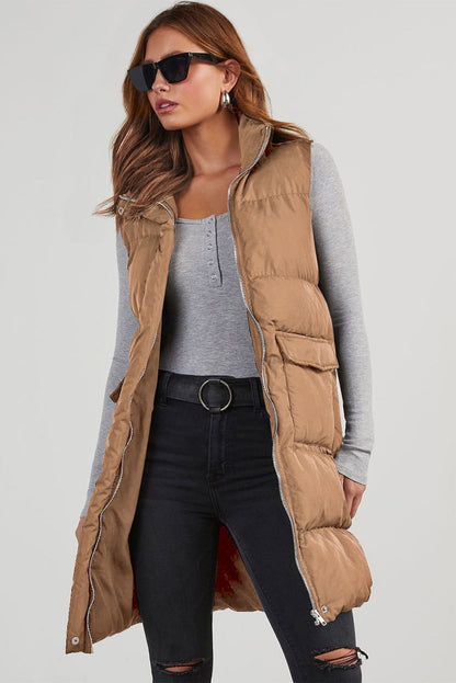 Coffee Quilted Pocketed Long Puffer Vest Coat - Vesteeto