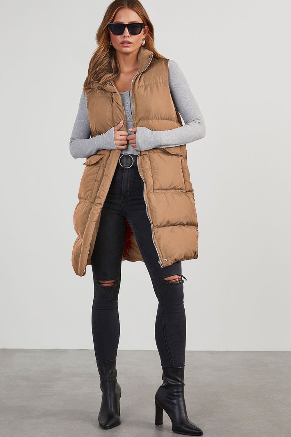 Coffee Quilted Pocketed Long Puffer Vest Coat - Vesteeto