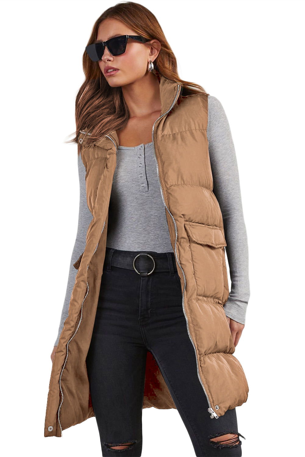 Coffee Quilted Pocketed Long Puffer Vest Coat - Vesteeto