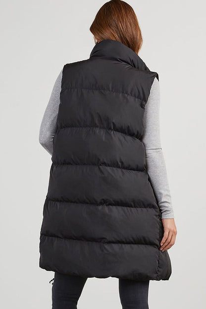 Coffee Quilted Pocketed Long Puffer Vest Coat - Vesteeto