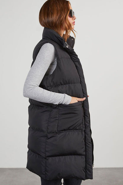 Coffee Quilted Pocketed Long Puffer Vest Coat - Vesteeto