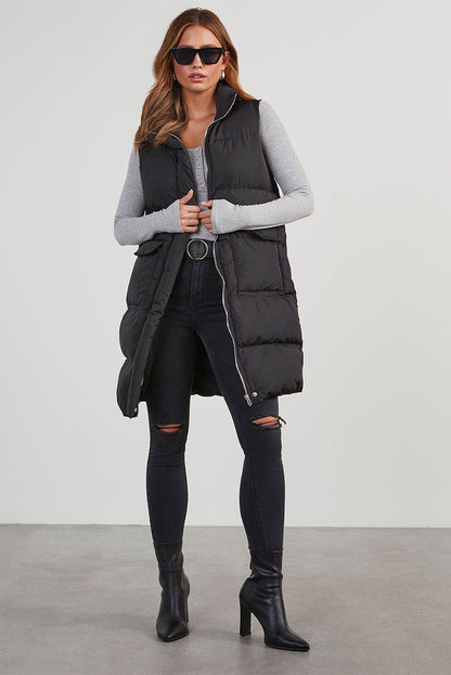 Coffee Quilted Pocketed Long Puffer Vest Coat - Vesteeto