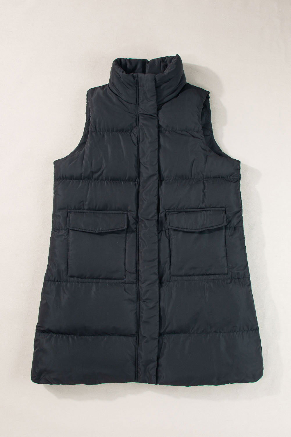 Coffee Quilted Pocketed Long Puffer Vest Coat - Vesteeto