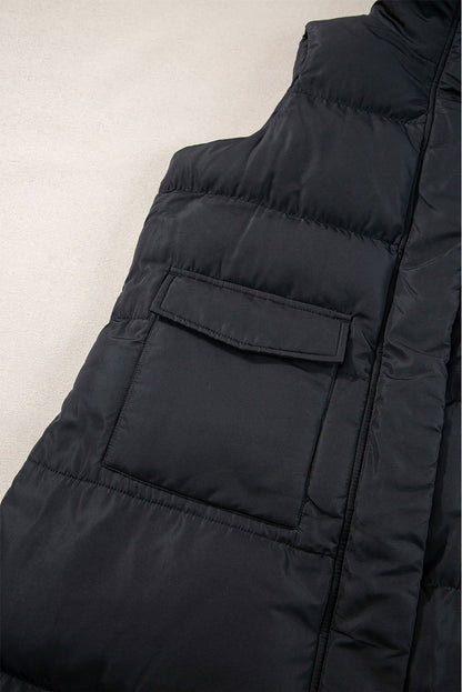 Coffee Quilted Pocketed Long Puffer Vest Coat - Vesteeto