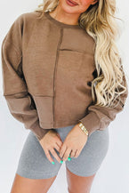 Coffee Solid Exposed Seam Pullover Sweatshirt - Vesteeto