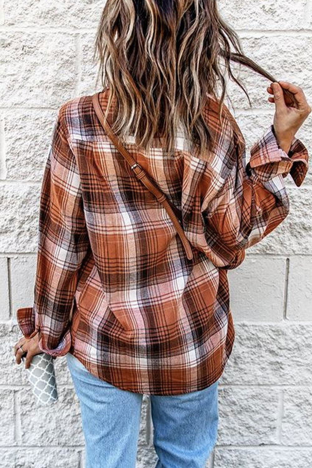 Collared Neck Long Sleeve Plaid Shirt - Vesteeto