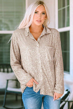 Collared Neck Sequin Long Sleeve Shirt - Vesteeto