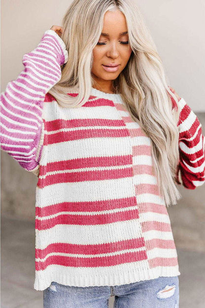 Color Block Drop Shoulder Pullover Striped Sweater - Vesteeto