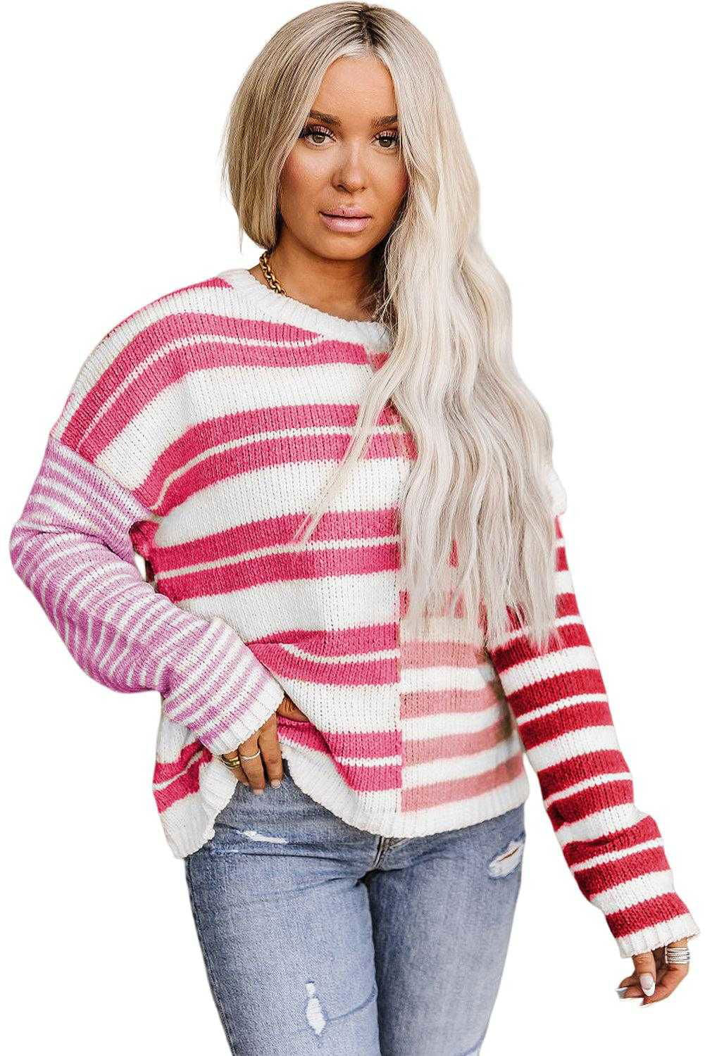 Color Block Drop Shoulder Pullover Striped Sweater - Vesteeto