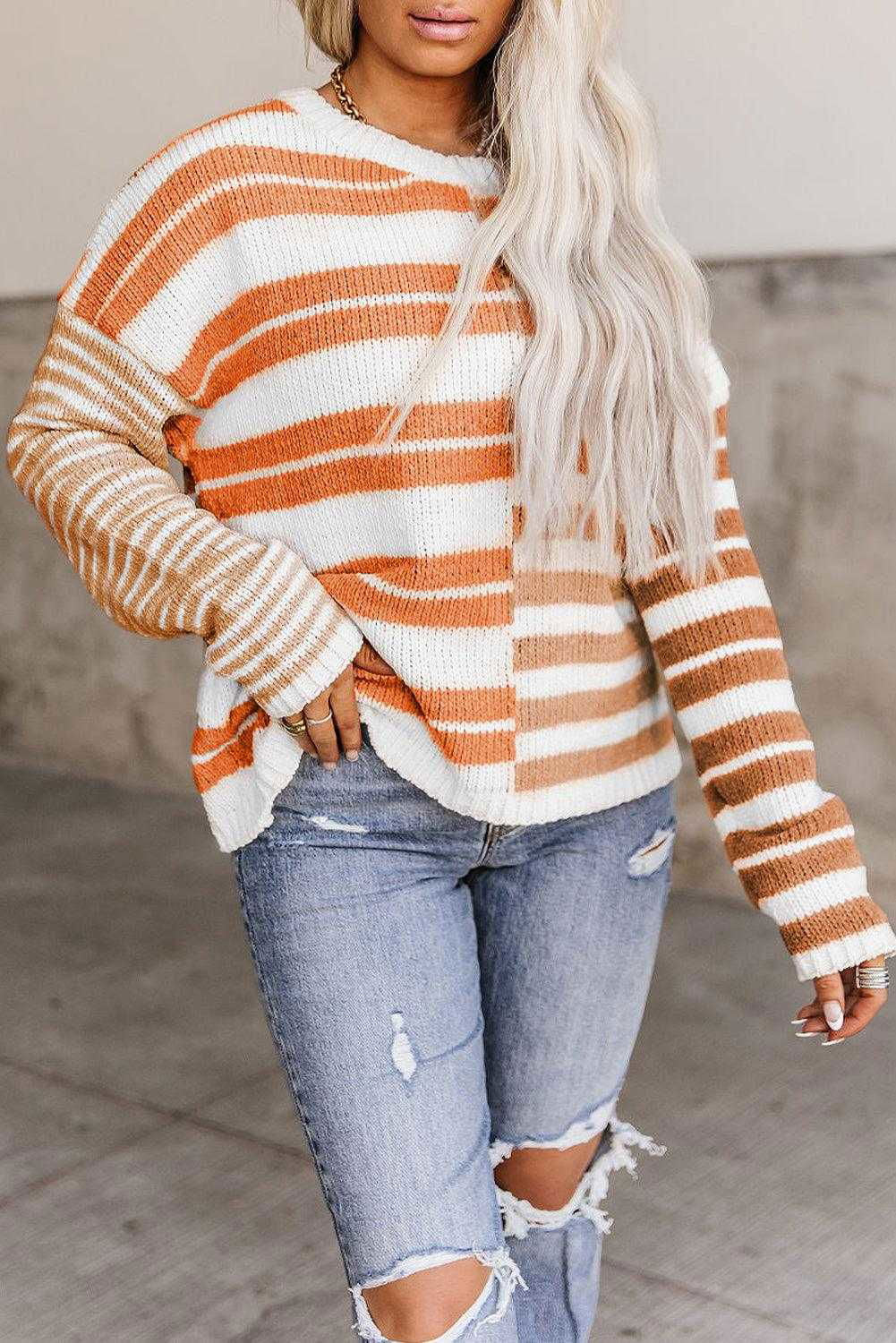 Color Block Drop Shoulder Pullover Striped Sweater - Vesteeto