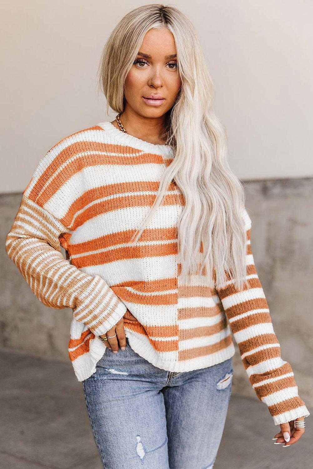 Color Block Drop Shoulder Pullover Striped Sweater - Vesteeto