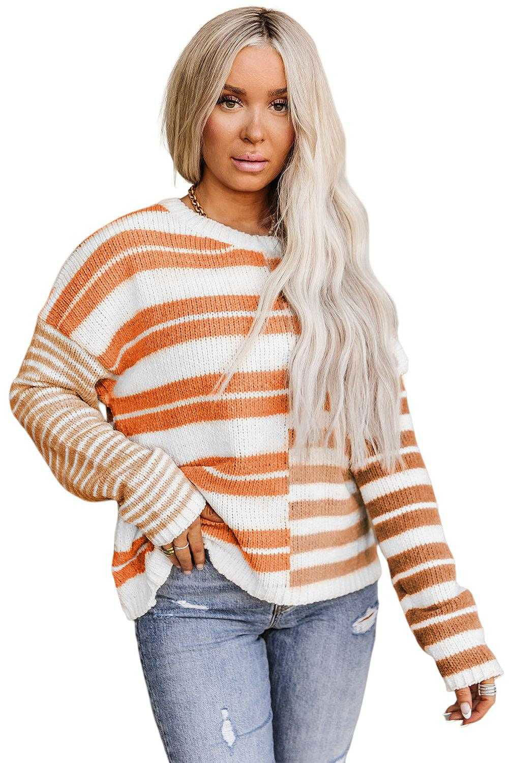 Color Block Drop Shoulder Pullover Striped Sweater - Vesteeto