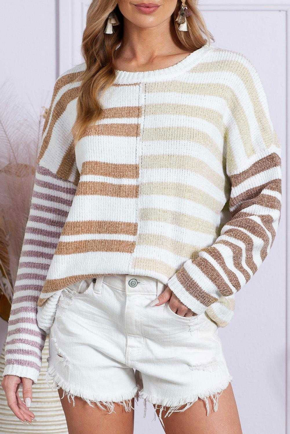 Color Block Drop Shoulder Pullover Striped Sweater - Vesteeto