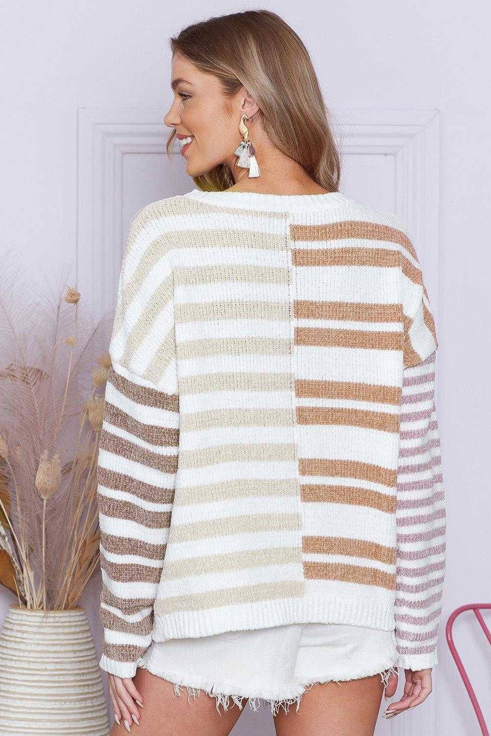 Color Block Drop Shoulder Pullover Striped Sweater - Vesteeto