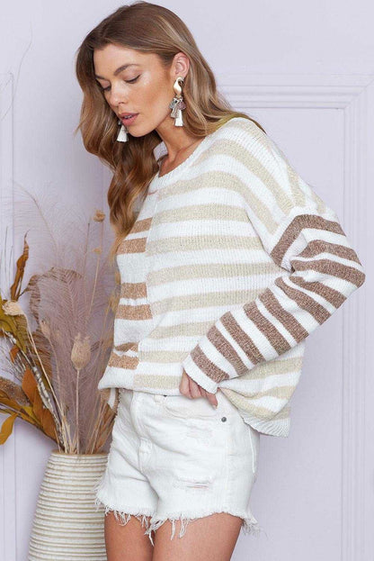 Color Block Drop Shoulder Pullover Striped Sweater - Vesteeto