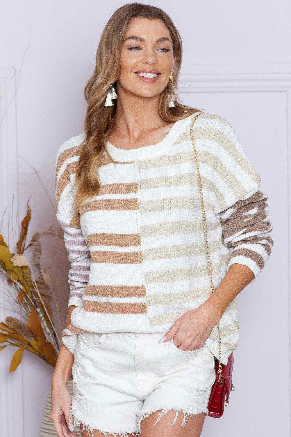 Color Block Drop Shoulder Pullover Striped Sweater - Vesteeto