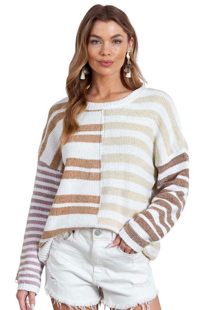 Color Block Drop Shoulder Pullover Striped Sweater - Vesteeto