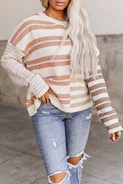 Color Block Drop Shoulder Pullover Striped Sweater - Vesteeto