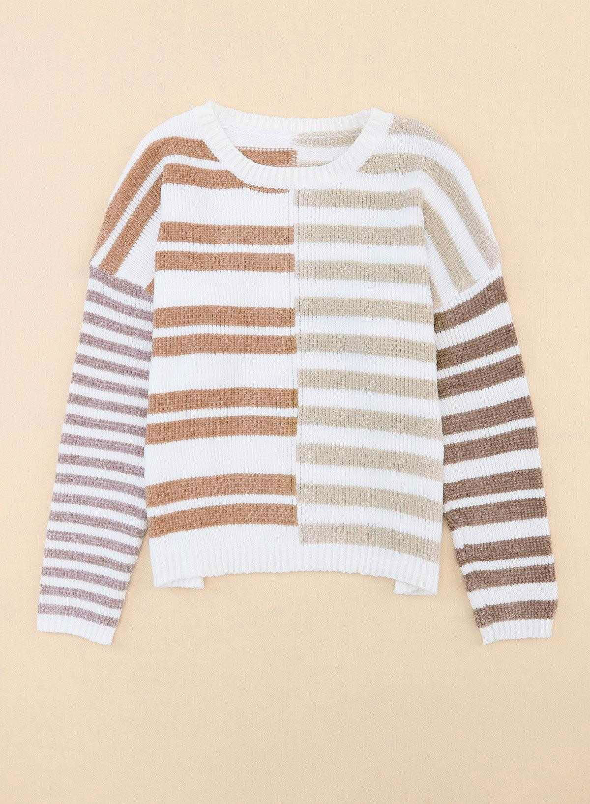 Color Block Drop Shoulder Pullover Striped Sweater - Vesteeto