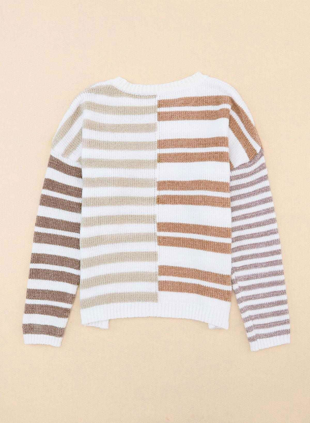 Color Block Drop Shoulder Pullover Striped Sweater - Vesteeto