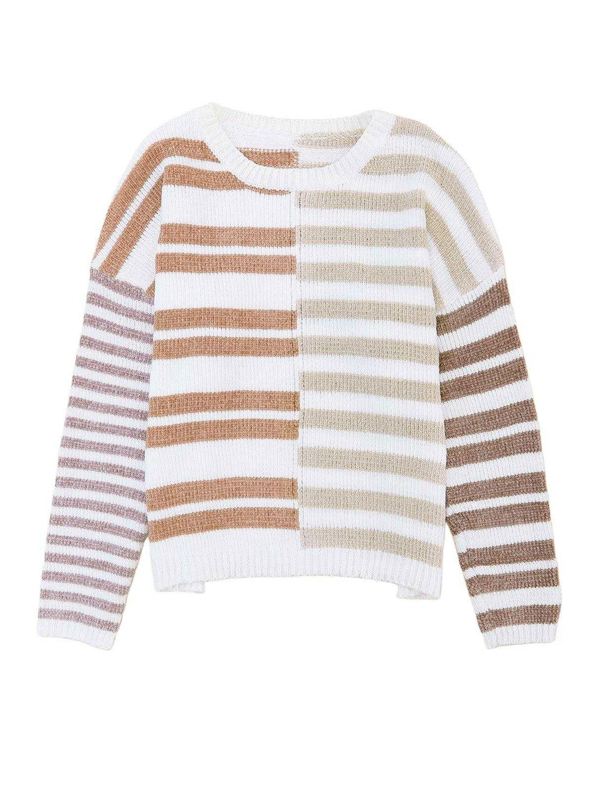 Color Block Drop Shoulder Pullover Striped Sweater - Vesteeto