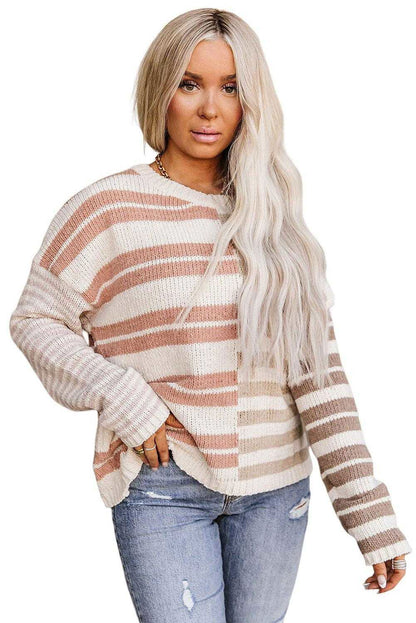 Color Block Drop Shoulder Pullover Striped Sweater - Vesteeto