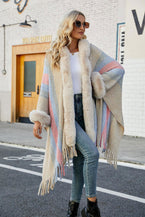 Color Block Fringe Detail Poncho - Vesteeto